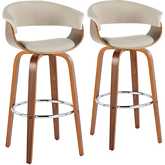Vintage Mod 30" Swivel Bar Stool in Walnut Wood & Cream Fabric with Chrome Footrest (Set of 2)